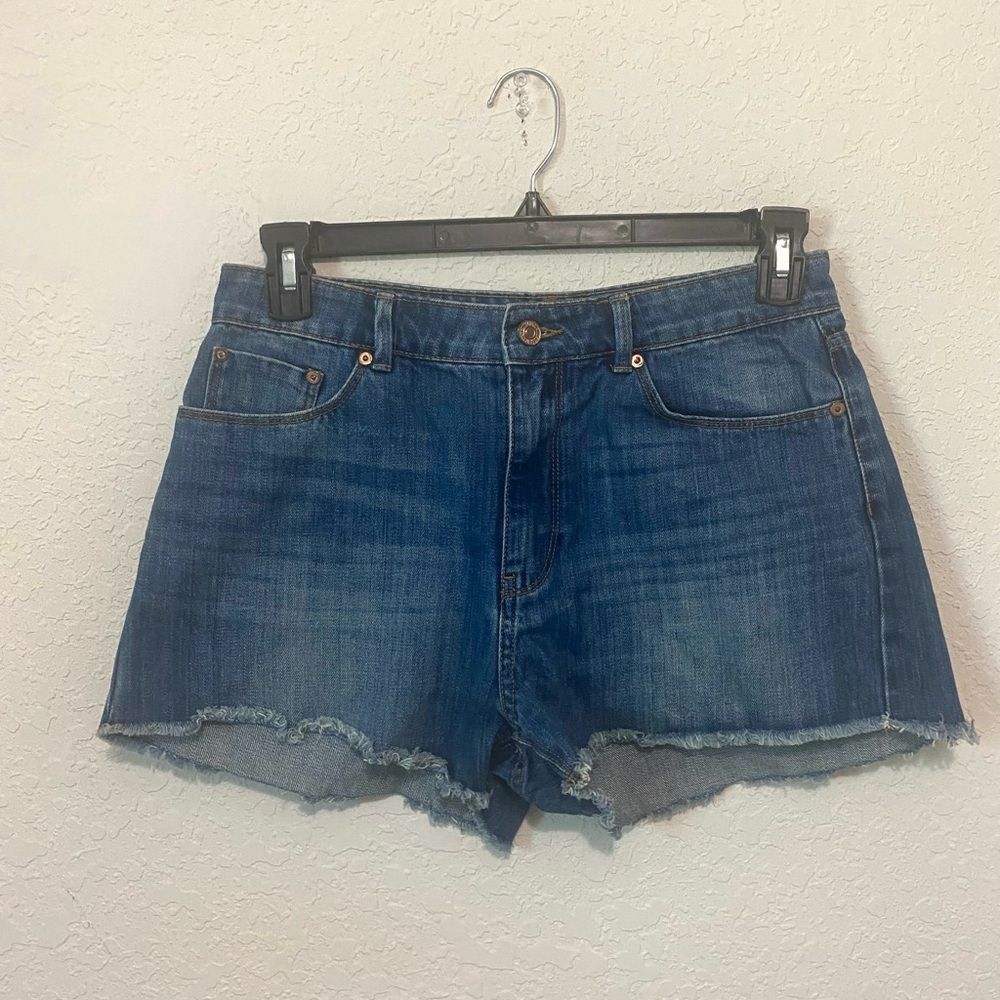 Mango Blue Denim Shorts Raw Hem High  Pockets Rise Size 6